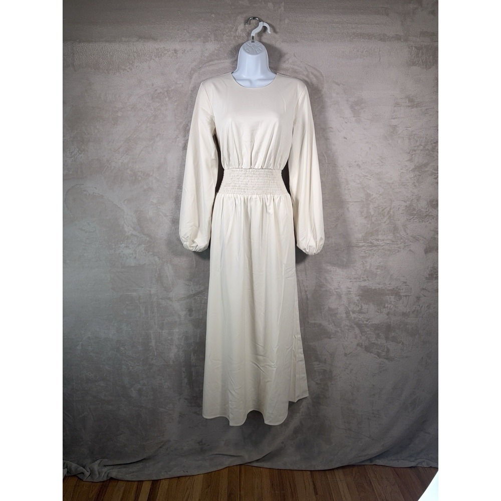 VEILED‎ Smocked Waist Dress Womens Size XS White Bone Long Sleeve Maxi Boho